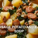 SAUSAGE POTATO AND KALE SOUP centered hero view, clean and uncluttered