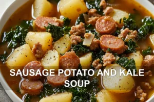 SAUSAGE POTATO AND KALE SOUP centered hero view, clean and uncluttered