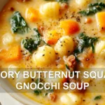 SAVORY BUTTERNUT SQUASH GNOCCHI SOUP centered hero view, clean and uncluttered
