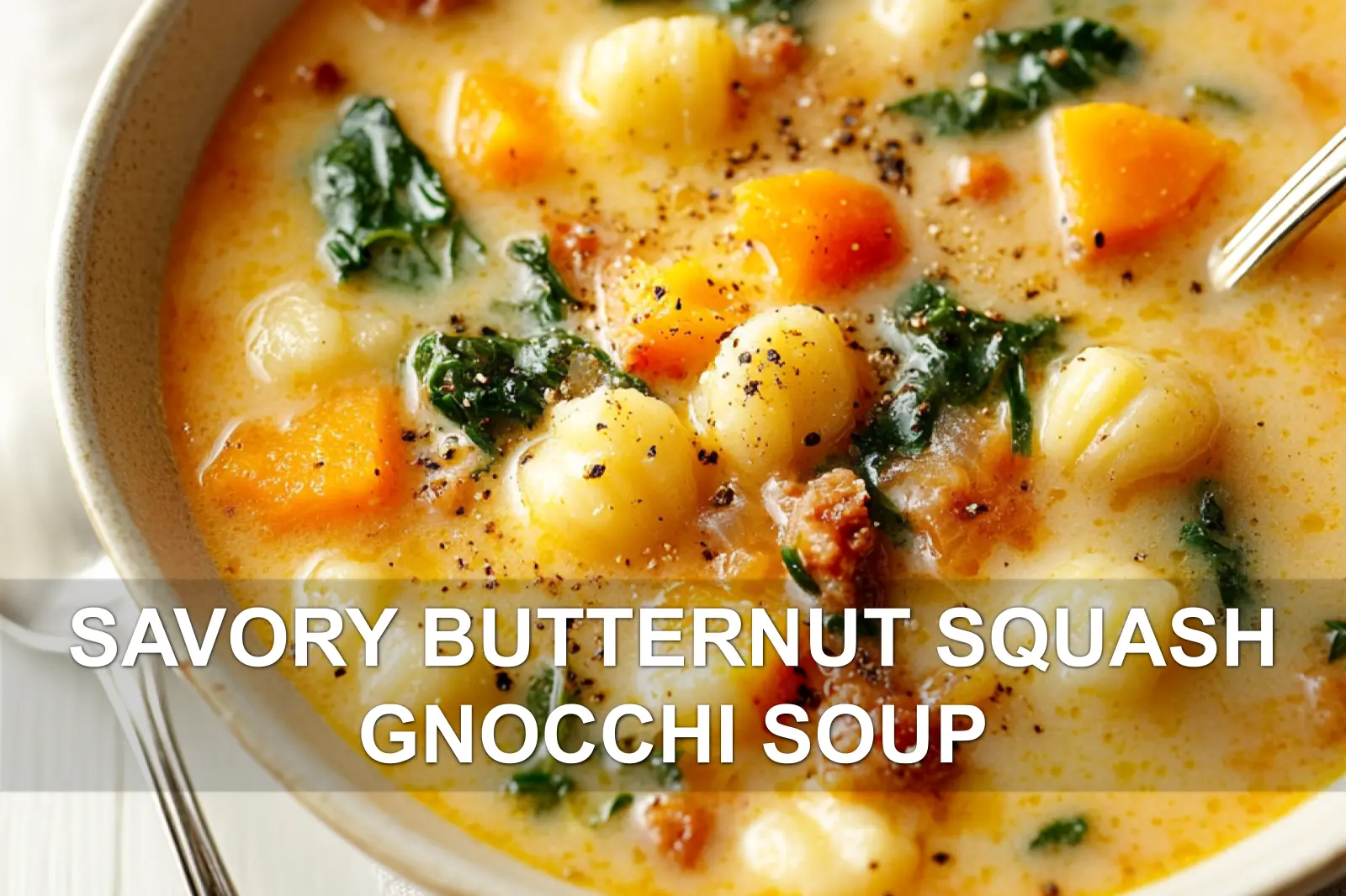 SAVORY BUTTERNUT SQUASH GNOCCHI SOUP centered hero view, clean and uncluttered
