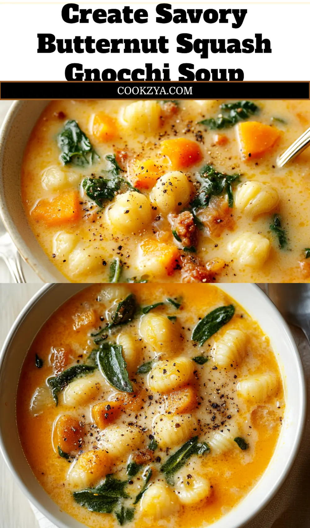 Savory Butternut Squash Gnocchi Soup in a rustic bowl, styled for social media sharing, especially Pinterest.