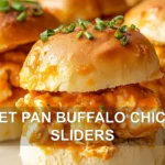 SHEET PAN BUFFALO CHICKEN SLIDERS centered hero view, clean and uncluttered