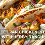 SHEET PAN CHICKEN PITAS WITH HERBY RANCH centered hero view, clean and uncluttered