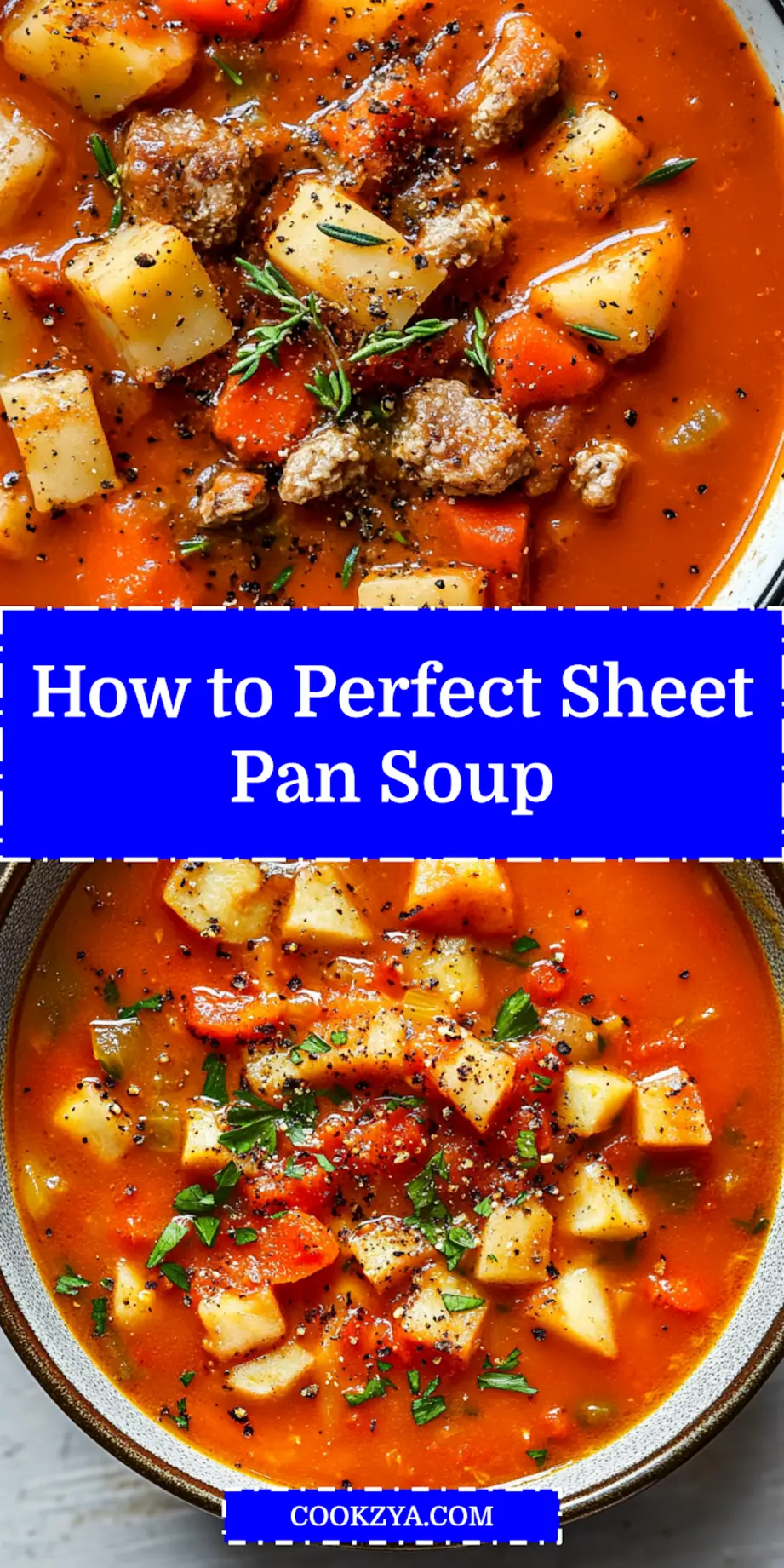 A comforting bowl of creamy sheet pan soup garnished with grilled cheese croutons and fresh herbs, next to a wooden spoon.