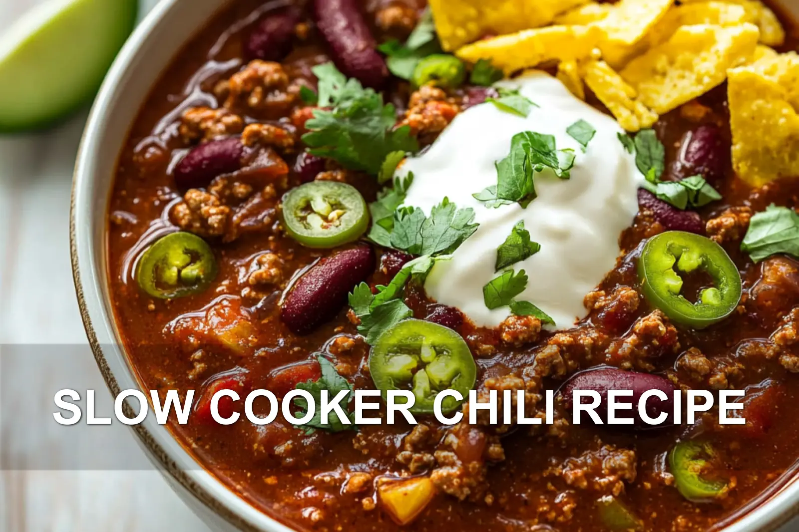 SLOW COOKER CHILI RECIPE centered hero view, clean and uncluttered