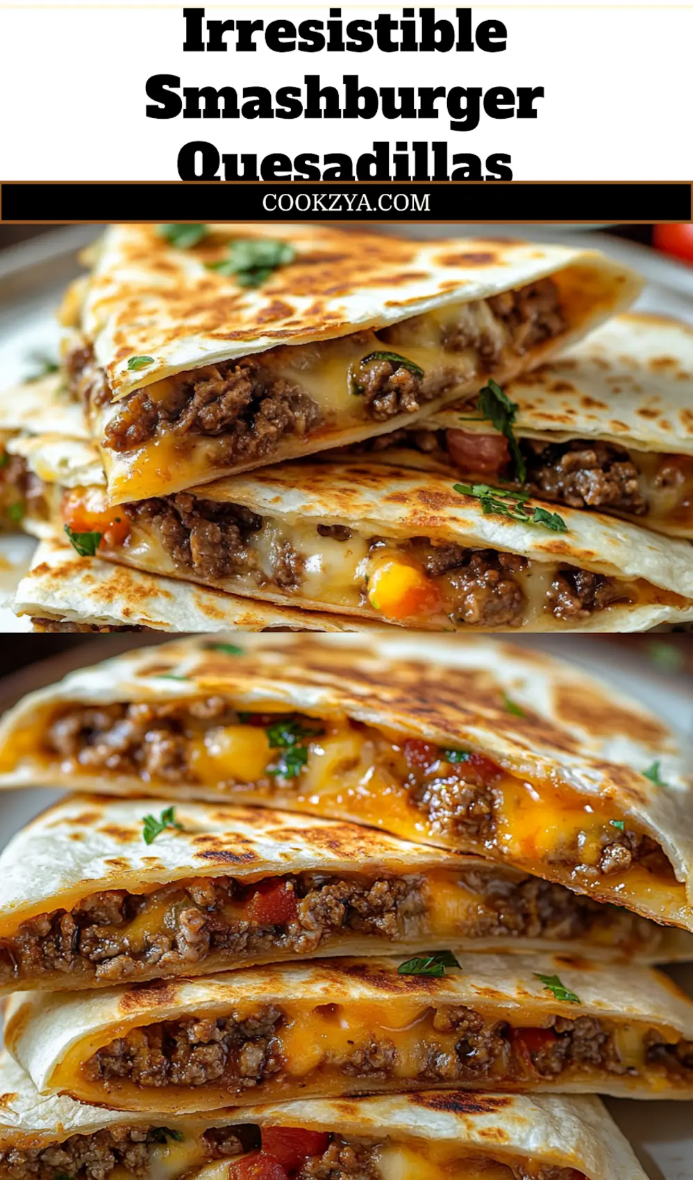 Close-up of a golden-brown Smashburger Quesadilla, sliced into wedges and served with pickles and sauce, ready to eat.