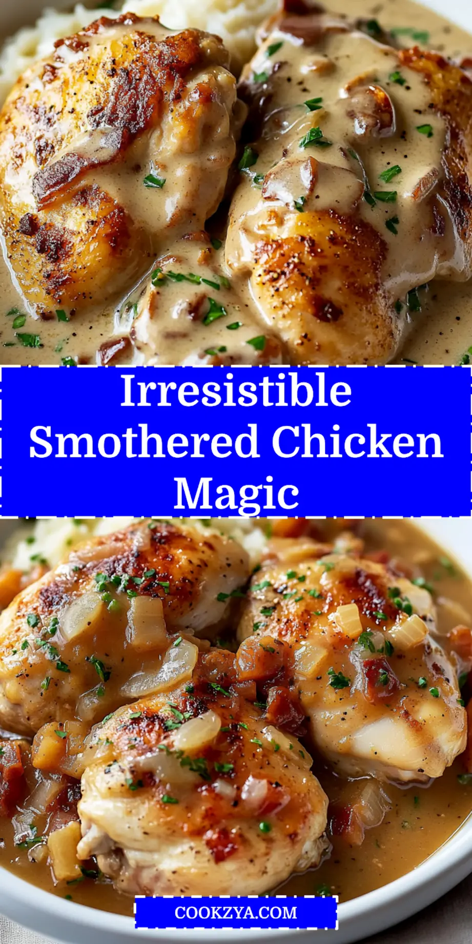 Smothered Chicken Easy and Delicious Recipe to Love 6 A close-up shot of a serving of Smothered Chicken, featuring golden chicken breasts covered in creamy mushroom and onion gravy, garnished with fresh herbs, served alongside a scoop of mashed potatoes. Perfect for a Pinterest pin.