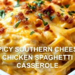 SPICY SOUTHERN CHEESY CHICKEN SPAGHETTI CASSEROLE centered hero view, clean and uncluttered