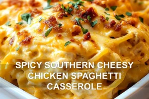 Spicy Southern Cheesy Chicken Spaghetti Casserole SPICY SOUTHERN CHEESY CHICKEN SPAGHETTI CASSEROLE centered hero view, clean and uncluttered
