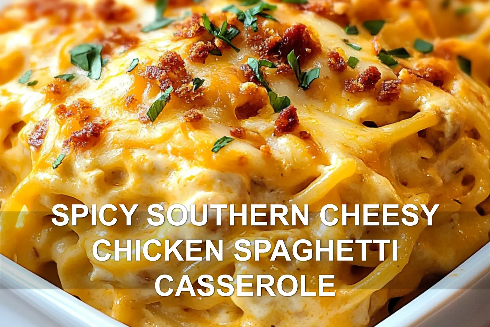 SPICY SOUTHERN CHEESY CHICKEN SPAGHETTI CASSEROLE centered hero view, clean and uncluttered