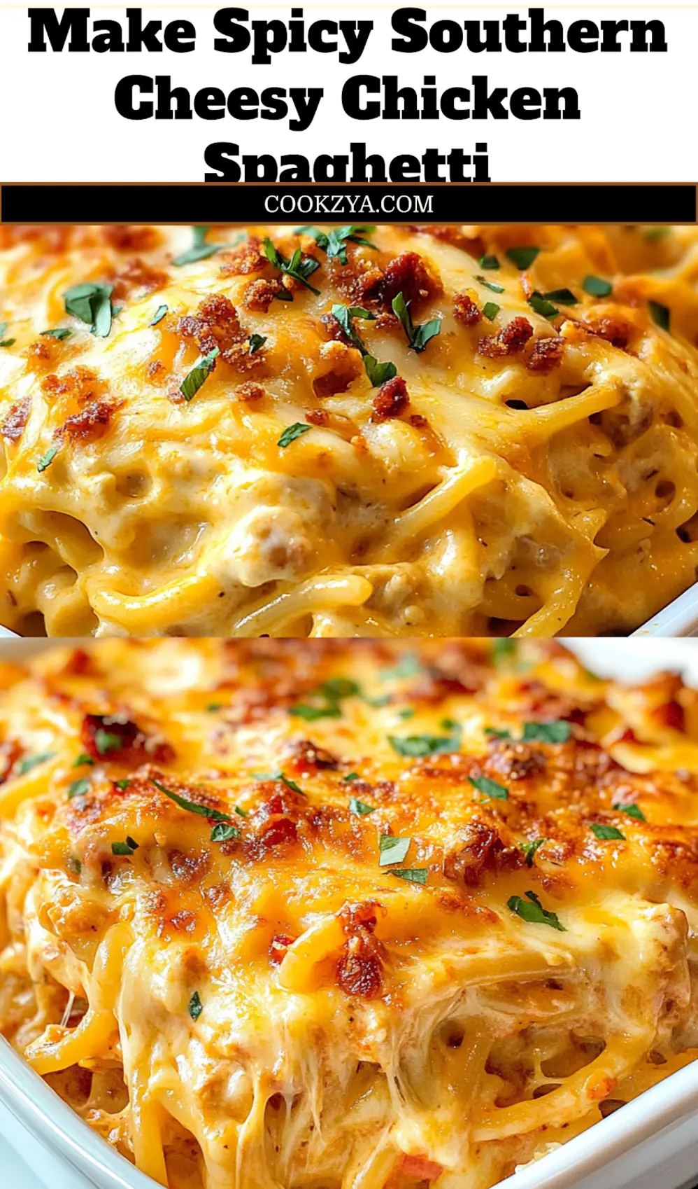 Spicy Southern Cheesy Chicken Spaghetti Casserole, close-up hero view ready for Pinterest