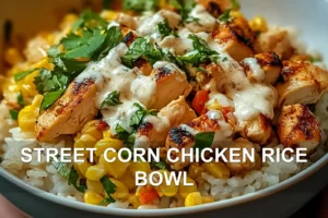 Street Corn Chicken Rice Bowl: Irresistibly Fresh and Easy STREET CORN CHICKEN RICE BOWL centered hero view, clean and uncluttered