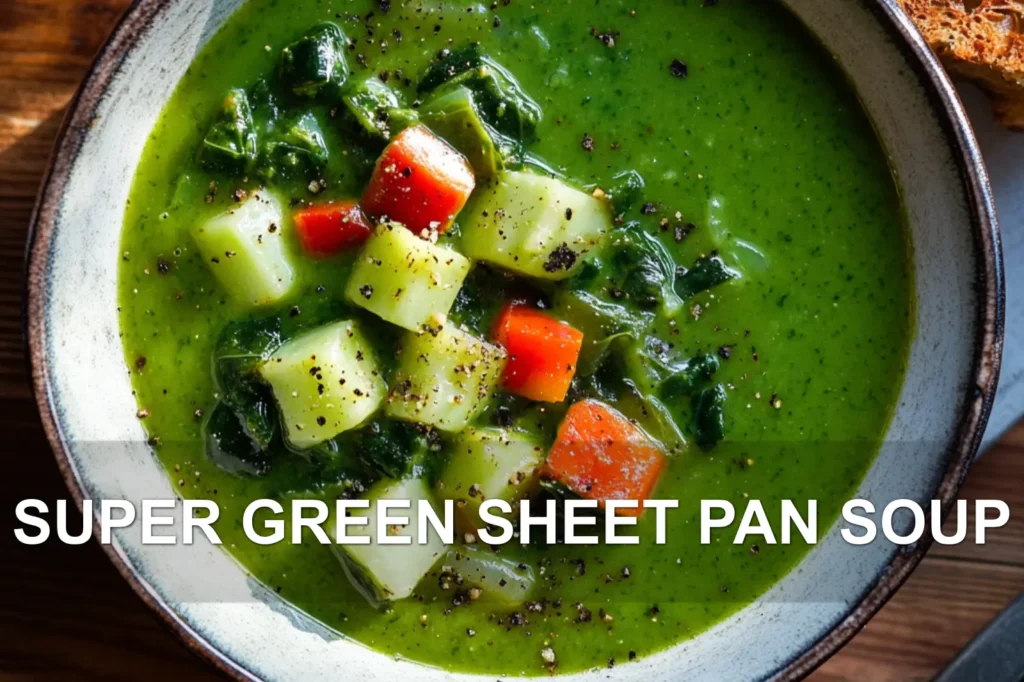 SUPER GREEN SHEET PAN SOUP centered hero view, clean and uncluttered
