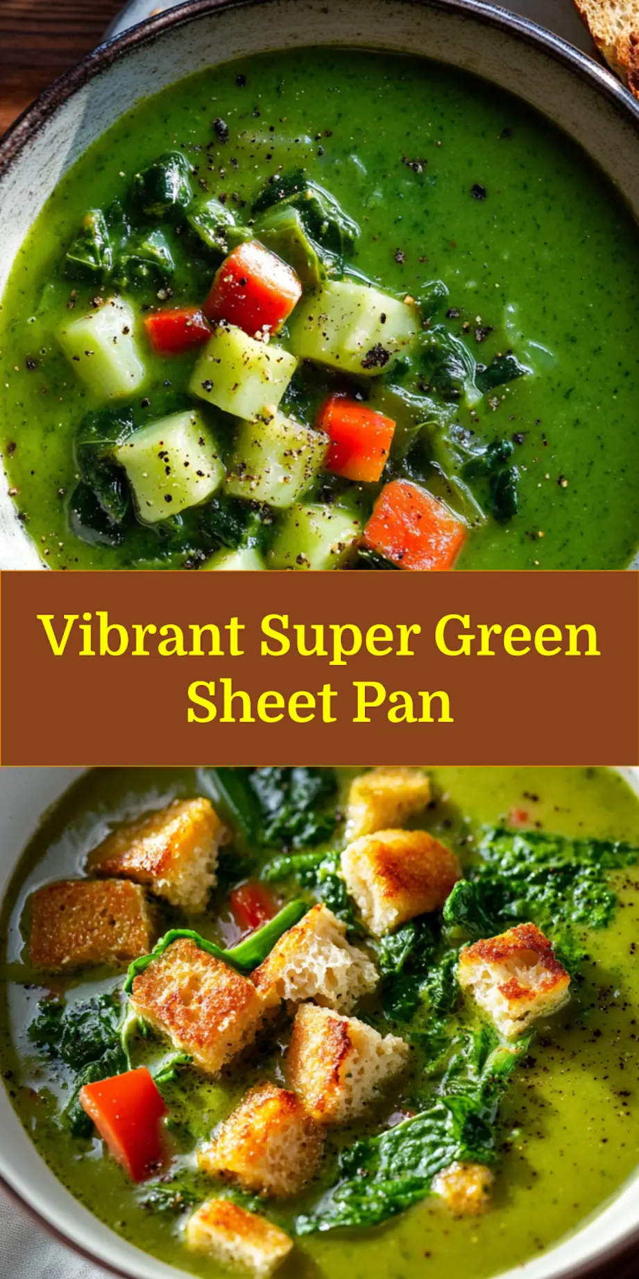 A vibrant bowl of Super Green Sheet Pan Soup topped with crispy grilled cheese croutons, ideal for pinning to a healthy recipe board.