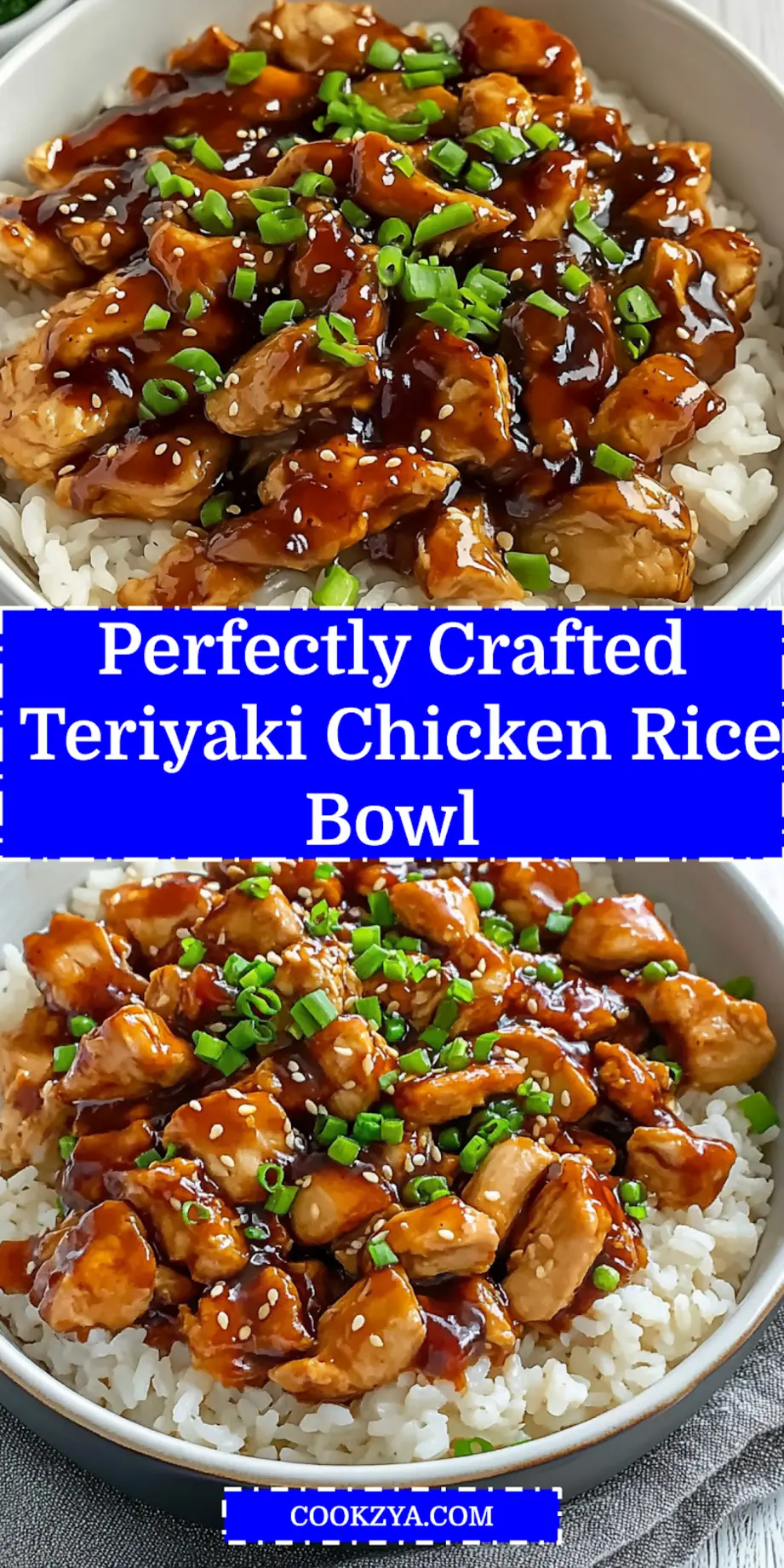 An overhead view of a beautifully prepared Teriyaki Chicken Rice Bowl, garnished with sesame seeds and green onions, ready for a delicious meal.