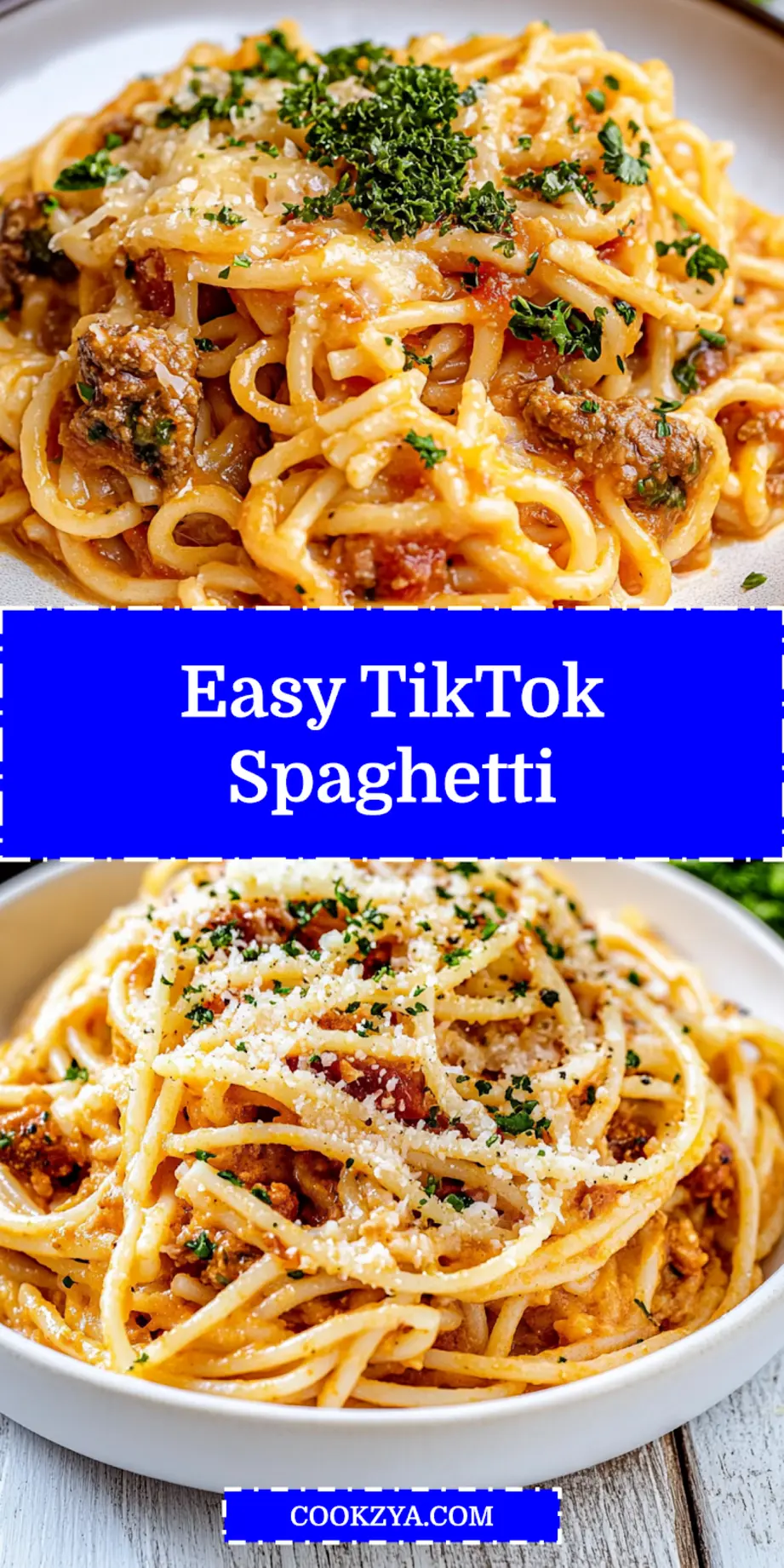 A generous serving of baked TikTok Spaghetti on a plate, showcasing melted mozzarella, rich marinara, and creamy Alfredo-coated spaghetti, ready to be enjoyed.