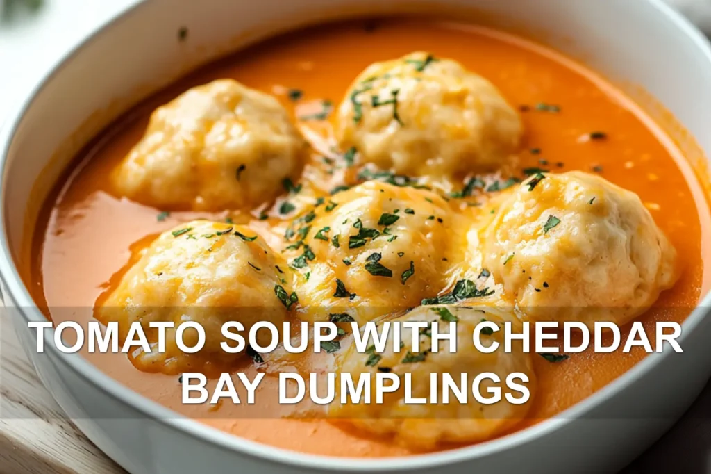 TOMATO SOUP WITH CHEDDAR BAY DUMPLINGS centered hero view, clean and uncluttered
