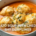 TOMATO SOUP WITH CHEDDAR BAY DUMPLINGS centered hero view, clean and uncluttered