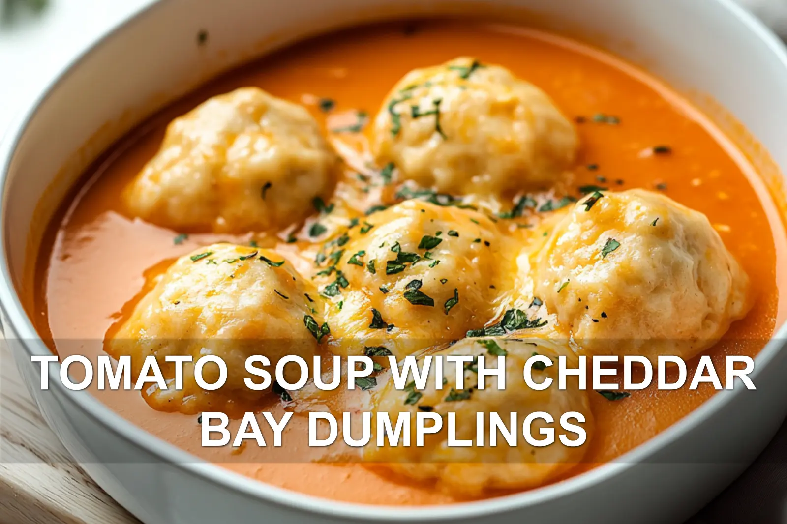 TOMATO SOUP WITH CHEDDAR BAY DUMPLINGS centered hero view, clean and uncluttered