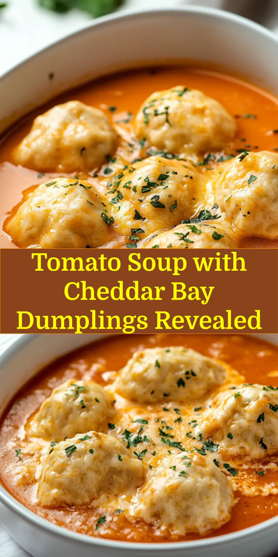 Tomato Soup with Cheddar Bay Dumplings: Easy and Delicious 6 TOMATO SOUP WITH CHEDDAR BAY DUMPLINGS centered hero view, clean and uncluttered_pin
