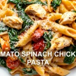 TOMATO SPINACH CHICKEN PASTA centered hero view, clean and uncluttered