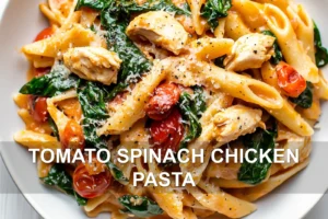 Tomato Spinach Chicken Pasta Recipe Easy and Delicious TOMATO SPINACH CHICKEN PASTA centered hero view, clean and uncluttered