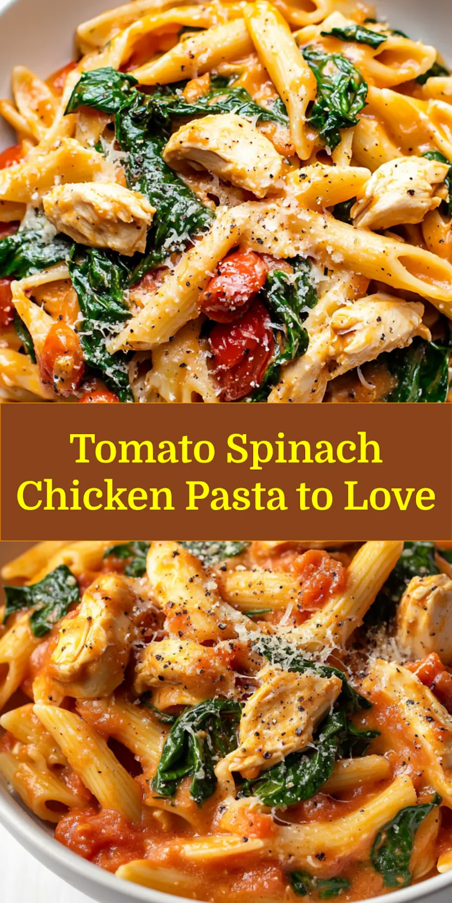Overhead shot of Tomato Spinach Chicken Pasta in a serving bowl, ready for pinning.