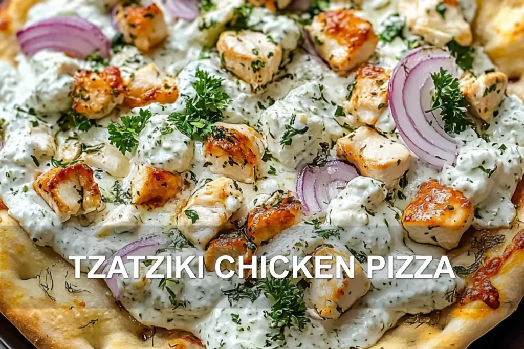 TZATZIKI CHICKEN PIZZA centered hero view, clean and uncluttered