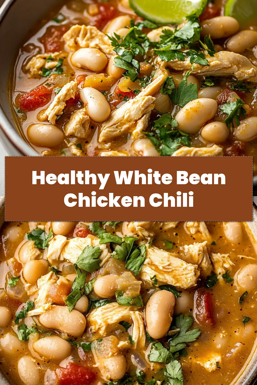 Close-up of a rustic bowl of creamy white bean chicken chili, garnished with avocado, cilantro, and a lime wedge, perfect for a Pinterest recipe.