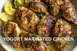 YOGURT MARINATED CHICKEN centered hero view, clean and uncluttered