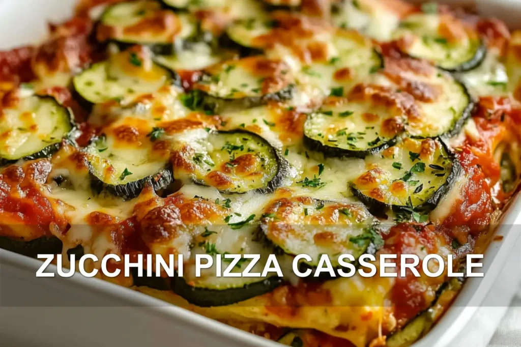 ZUCCHINI PIZZA CASSEROLE centered hero view, clean and uncluttered