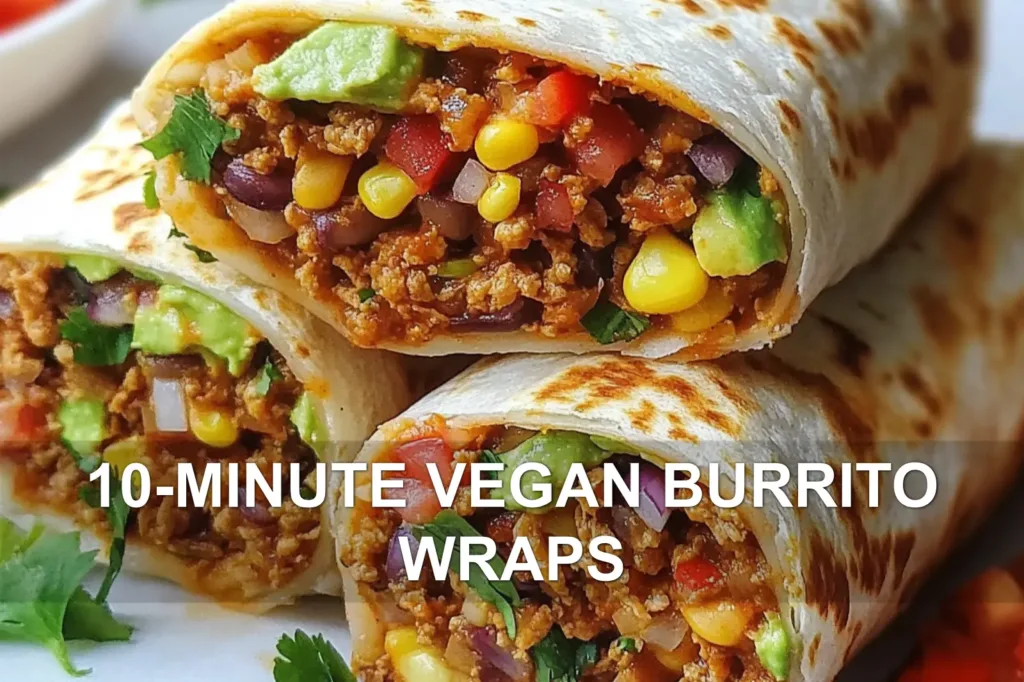 10-MINUTE VEGAN BURRITO WRAPS centered hero view, clean and uncluttered