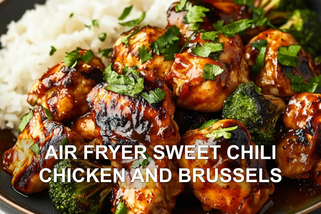 AIR FRYER SWEET CHILI CHICKEN AND BRUSSELS centered hero view, clean and uncluttered