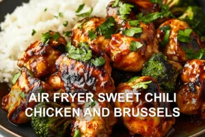 AIR FRYER SWEET CHILI CHICKEN AND BRUSSELS centered hero view, clean and uncluttered