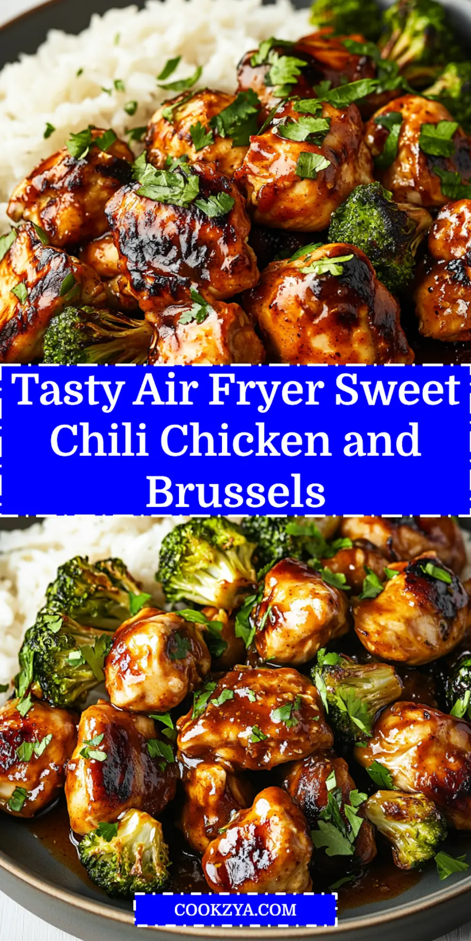 AIR FRYER SWEET CHILI CHICKEN AND BRUSSELS centered hero view, clean and uncluttered_pin