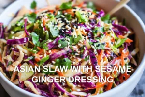 ASIAN SLAW WITH SESAME GINGER DRESSING centered hero view, clean and uncluttered