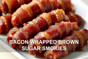 How to Make Bacon Wrapped Brown Sugar Smokies Deliciously BACON WRAPPED BROWN SUGAR SMOKIES centered hero view, clean and uncluttered