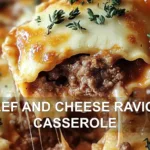 BEEF AND CHEESE RAVIOLI CASSEROLE centered hero view, clean and uncluttered