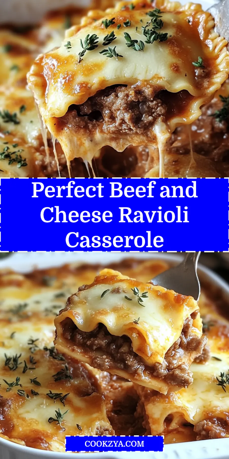 Finished Beef and Cheese Ravioli Casserole golden and bubbly, served in a casserole dish