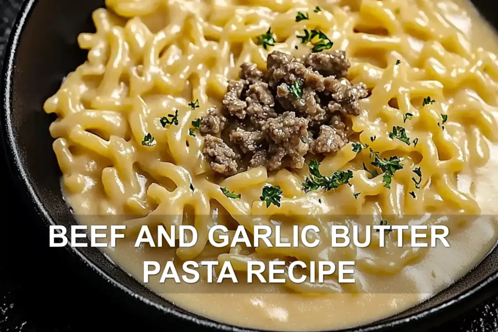 BEEF AND GARLIC BUTTER PASTA RECIPE centered hero view, clean and uncluttered