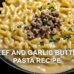 BEEF AND GARLIC BUTTER PASTA RECIPE centered hero view, clean and uncluttered