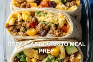 BREAKFAST BURRITO MEAL PREP centered hero view, clean and uncluttered