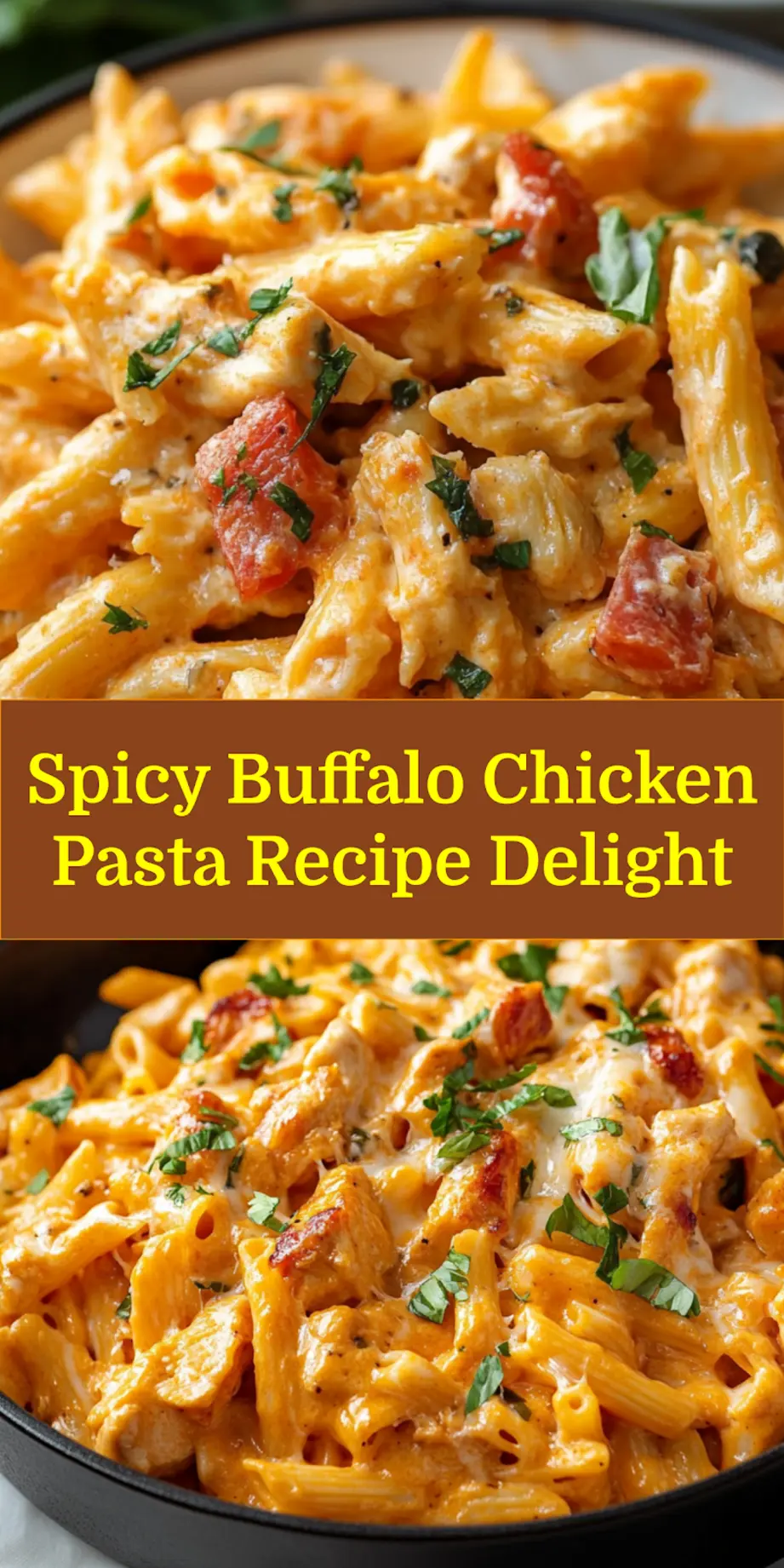 Plated Buffalo Chicken Pasta with creamy sauce and garnishes