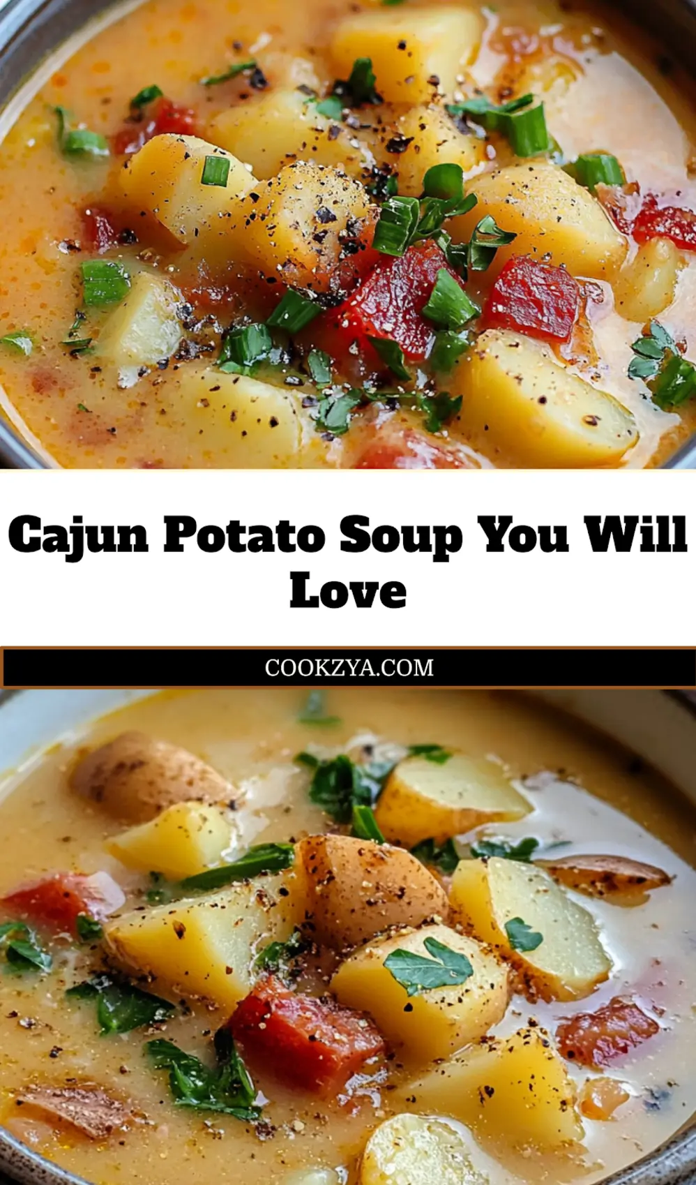 Bowl of creamy Cajun Potato Soup garnished with parsley and cheddar cheese