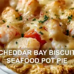CHEDDAR BAY BISCUIT SEAFOOD POT PIE centered hero view, clean and uncluttered