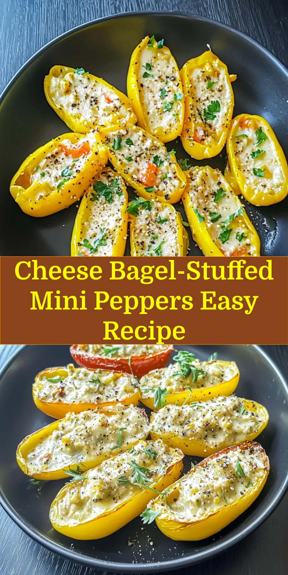 How to Make Cheese Bagel-Stuffed Mini Peppers: Irresistible 7 CHEESE BAGEL STUFFED MINI PEPPERS RECIPE centered hero view, clean and uncluttered_pin