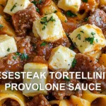 CHEESESTEAK TORTELLINI RICH PROVOLONE SAUCE centered hero view, clean and uncluttered