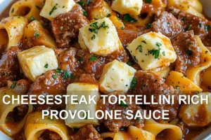 New Cheesesteak Tortellini Rich Provolone Sauce CHEESESTEAK TORTELLINI RICH PROVOLONE SAUCE centered hero view, clean and uncluttered