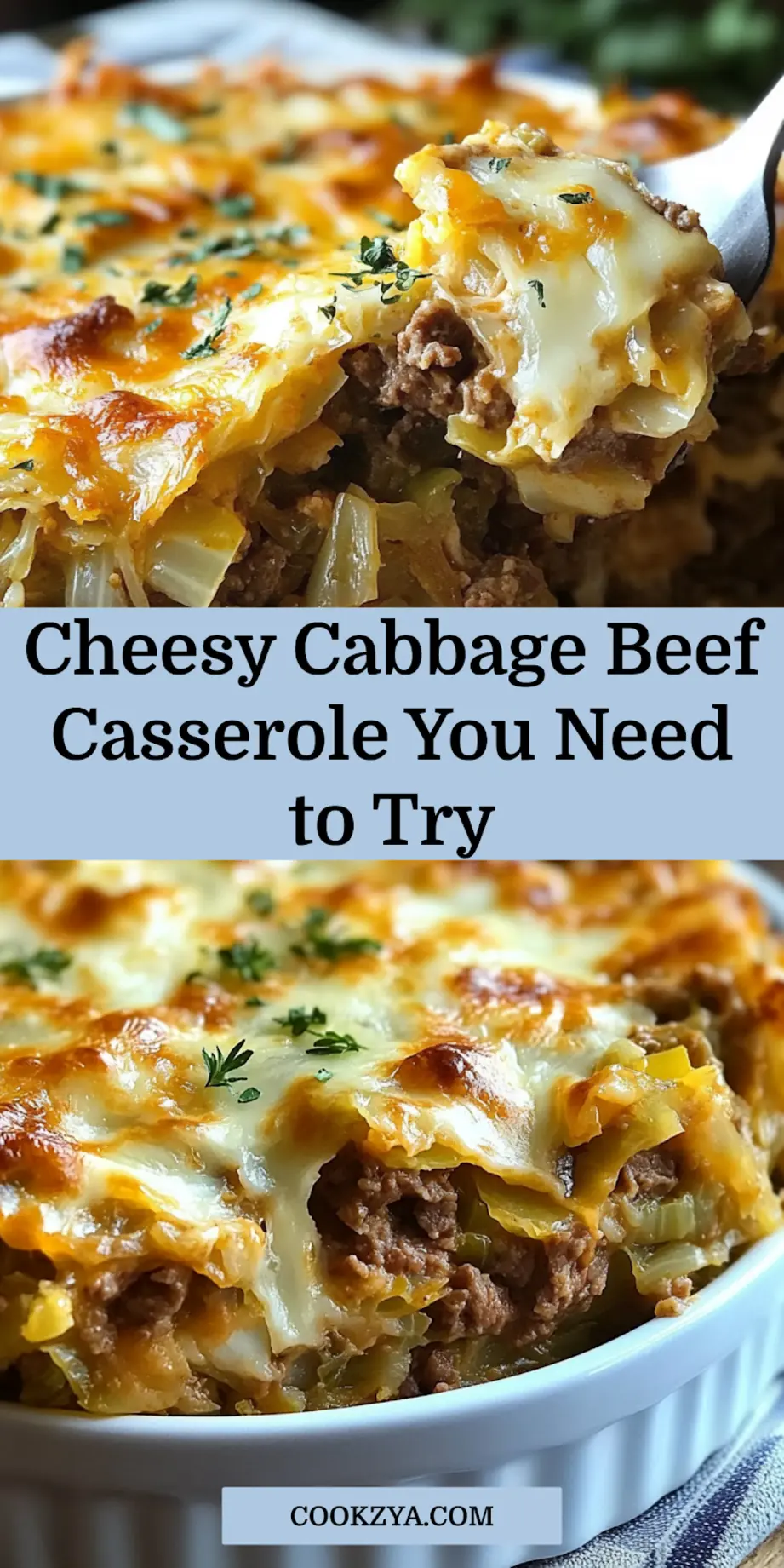 Close-up of baked cheesy cabbage beef casserole with golden bubbly cheese topping