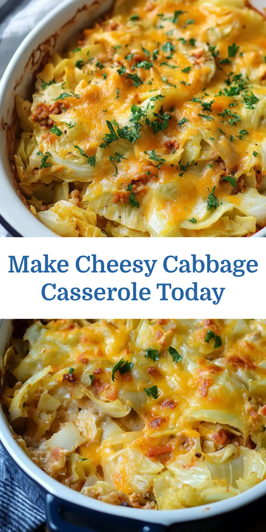 Close-up of finished Cheesy Cabbage Casserole, melted cheddar cheese visible